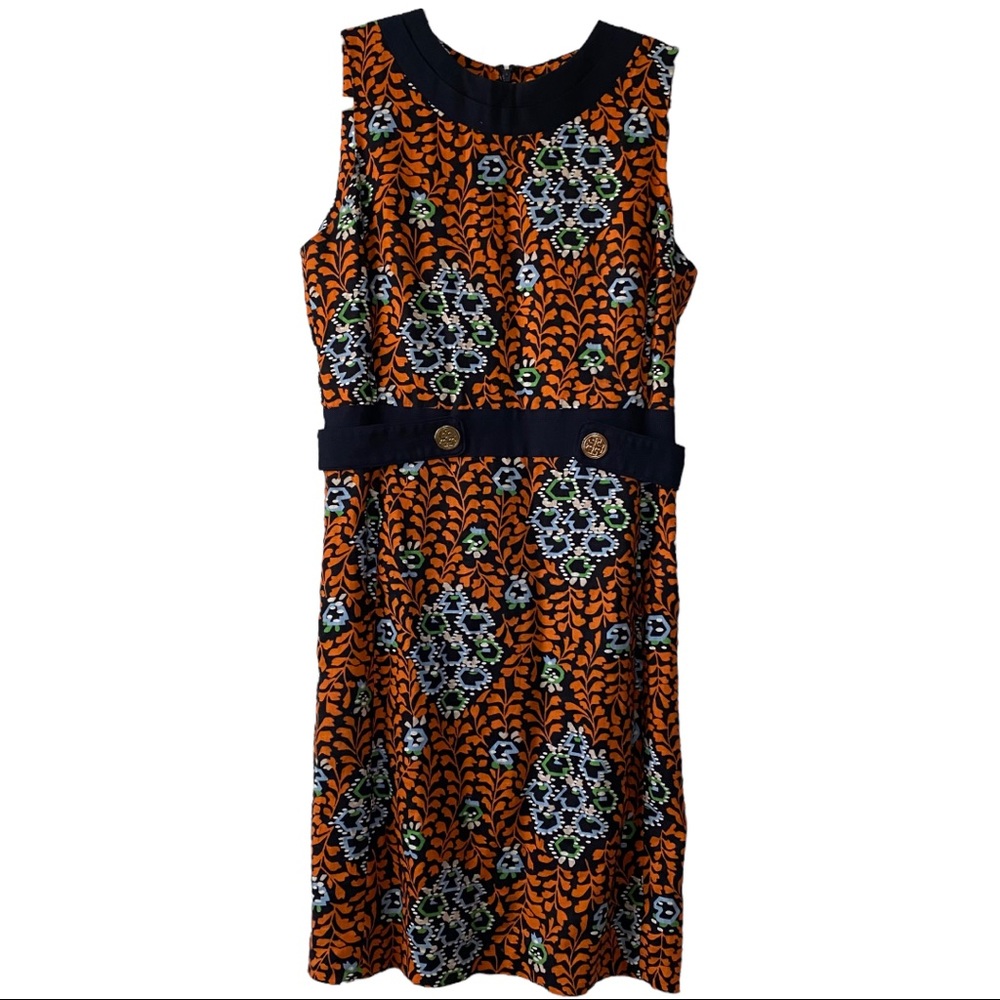 Tory Burch Orange Floral Sleeveless Mini Dress with Black Waistband - Picture 2 of 10